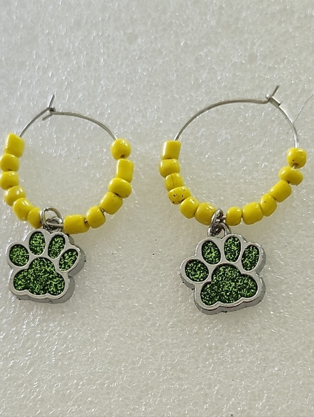 Harley-Davidson Yellow Beaded Hoop Earrings with Green Paw Charms